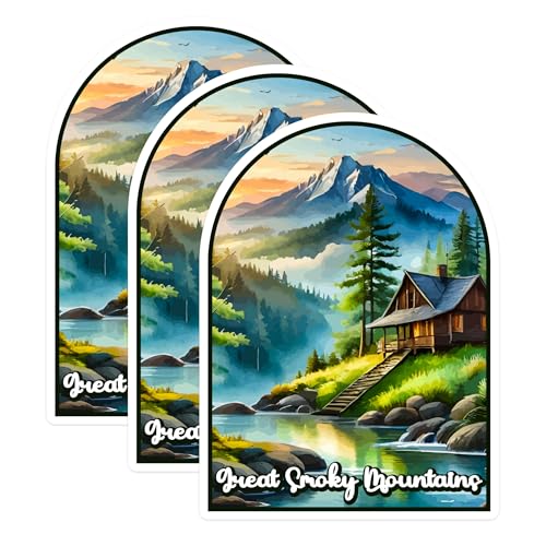 (3 Pack) Great Smoky Mountains Decals - Cabin Landscape Stickers - Laptop Decal - 3 Inches On Longest Side - Easy Peel & Apply - Made in USA - 3MCS0406