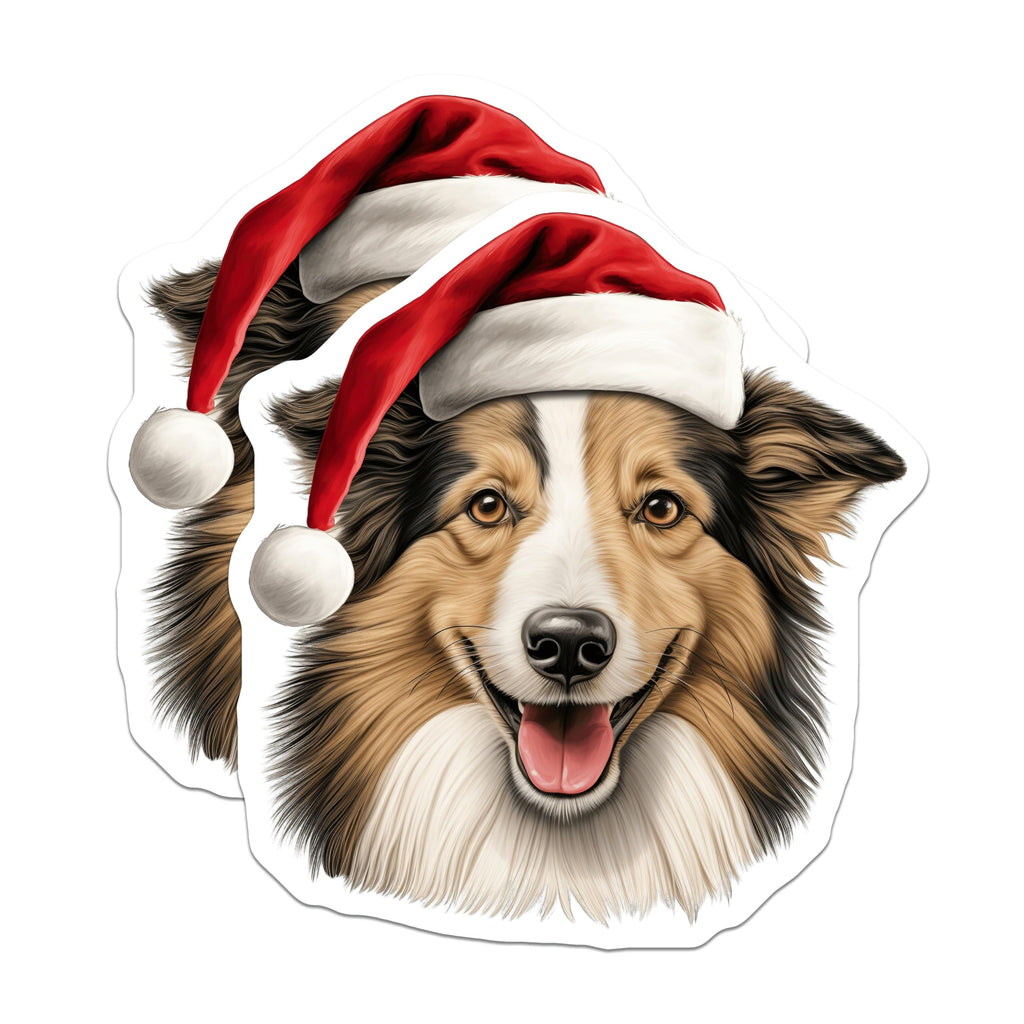 (2 Pack) Christmas Dog Magnets - Santa Hat Collie Decor - Holiday Pet Refrigerator Art - 5 Inches On Longest Side - Thick Durable Magnet - Made in USA - MAG28747