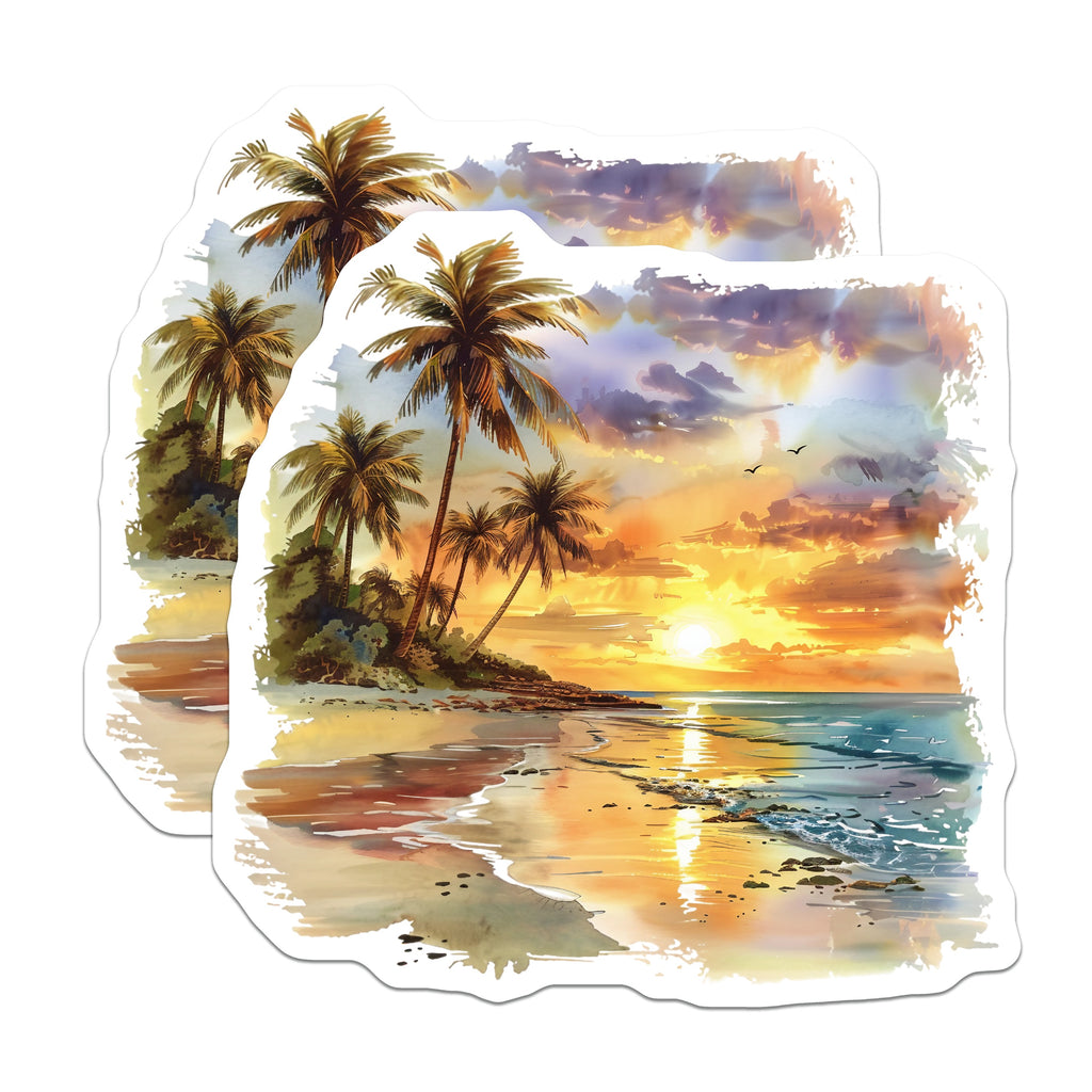 (2 Pack) Tropical Beach Sunset Magnets - Watercolor Ocean View Art - Palm Trees Summer Vibe Home Decor - 5 Inches On Longest Side - Thick Durable Magnet - Made in USA - MAG37364