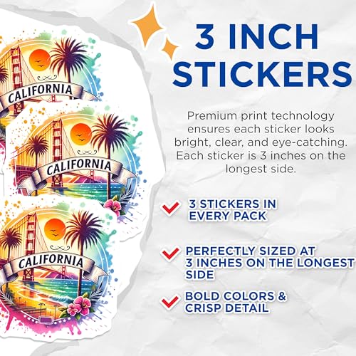 (3 Pack) California Decals - Golden Gate Bridge - Laptop Decals- 3 Inches On Longest Side - Easy Peel & Apply - Made in USA - 3MCS5788