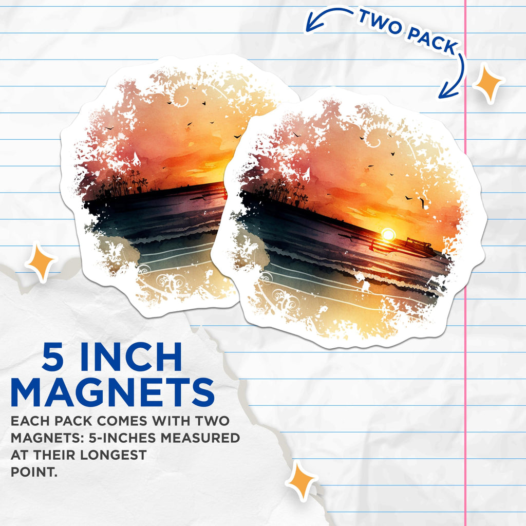 (2 Pack) Sunset Magnets - Watercolor Seascape Art - Tranquil Ocean View Decor - 5 Inches On Longest Side - Thick Durable Magnet - Made in USA - MAG24184