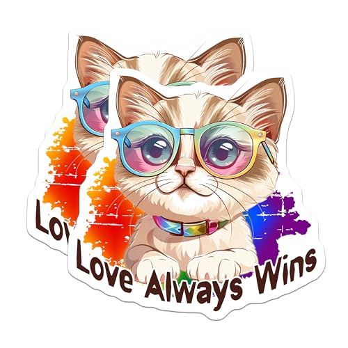 (2 Pack) Love Always Wins Stickers - Cute Cat Design - 5" On Longest Side - Sticks to Smooth Flat Surfaces - Made in USA - BMCS9188 - BMCS9188