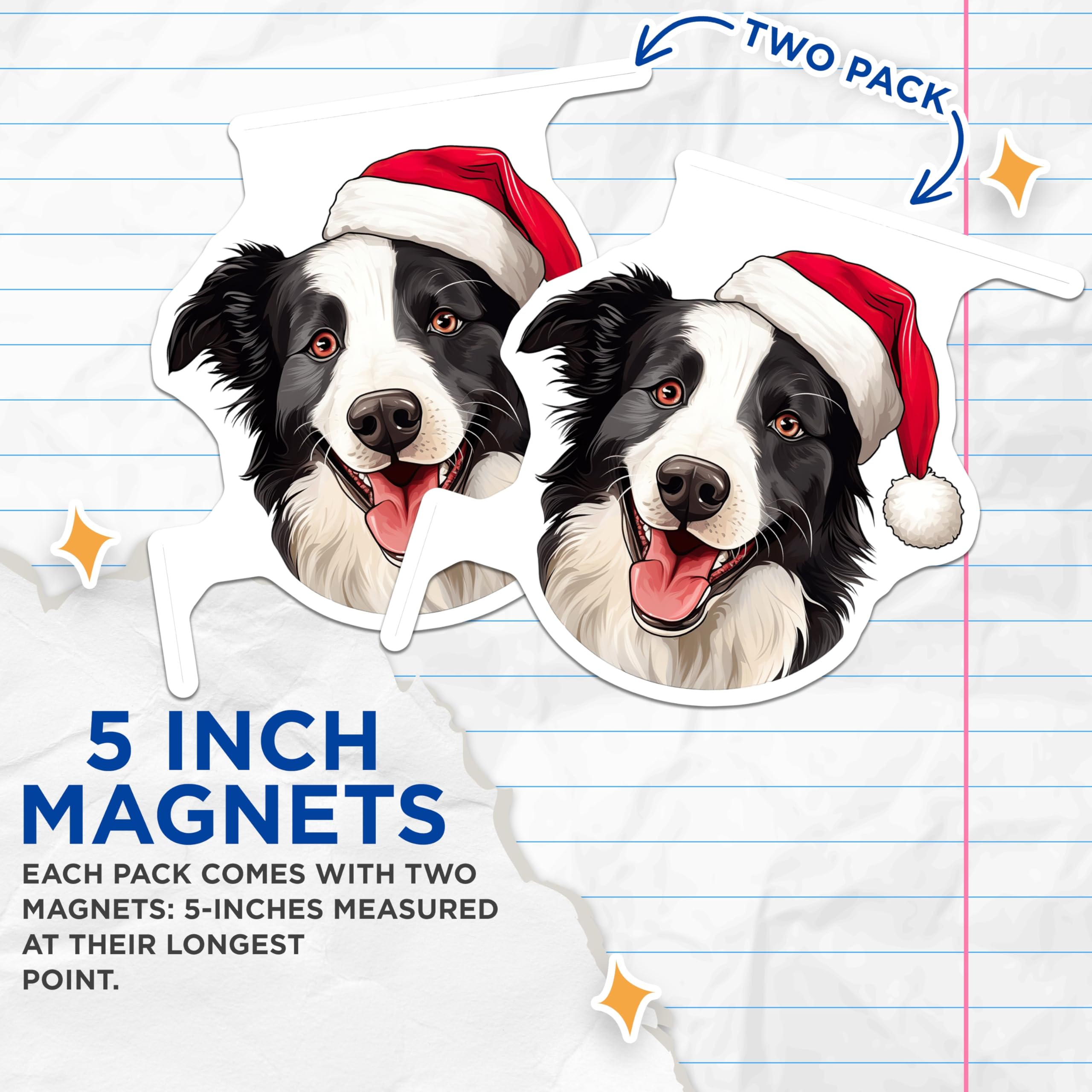 (2 Pack) Christmas Border Collie Magnets - Santa Hat Dog Decor - Holiday Pet Refrigerator - 5 Inches On Longest Side - Thick Durable Magnet - Made in USA - MAG26533