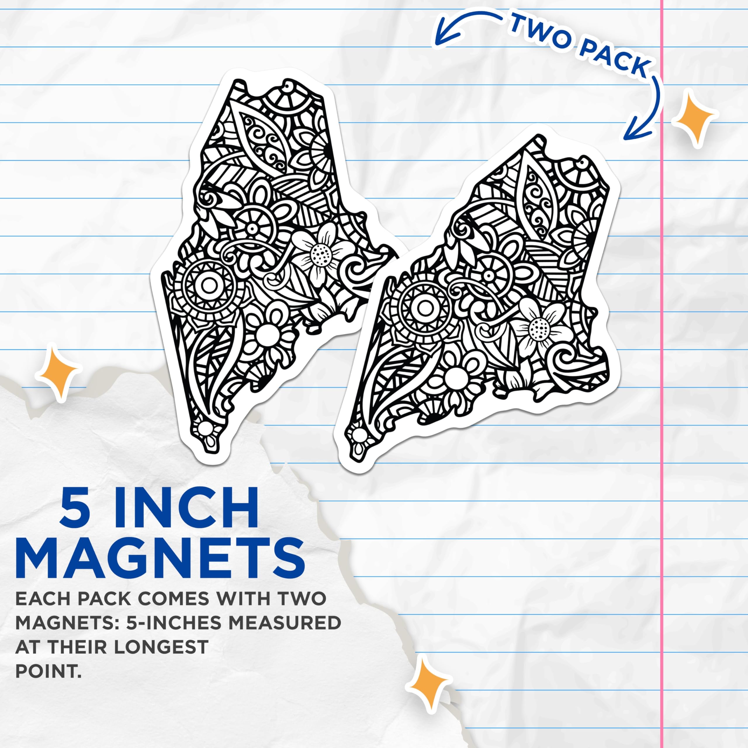 (2 Pack) Maine State Mandala Magnets - Floral Outline Decor - New England Travel Art - 5 Inches On Longest Side - Thick Durable Magnet - Made in USA - MAG19422
