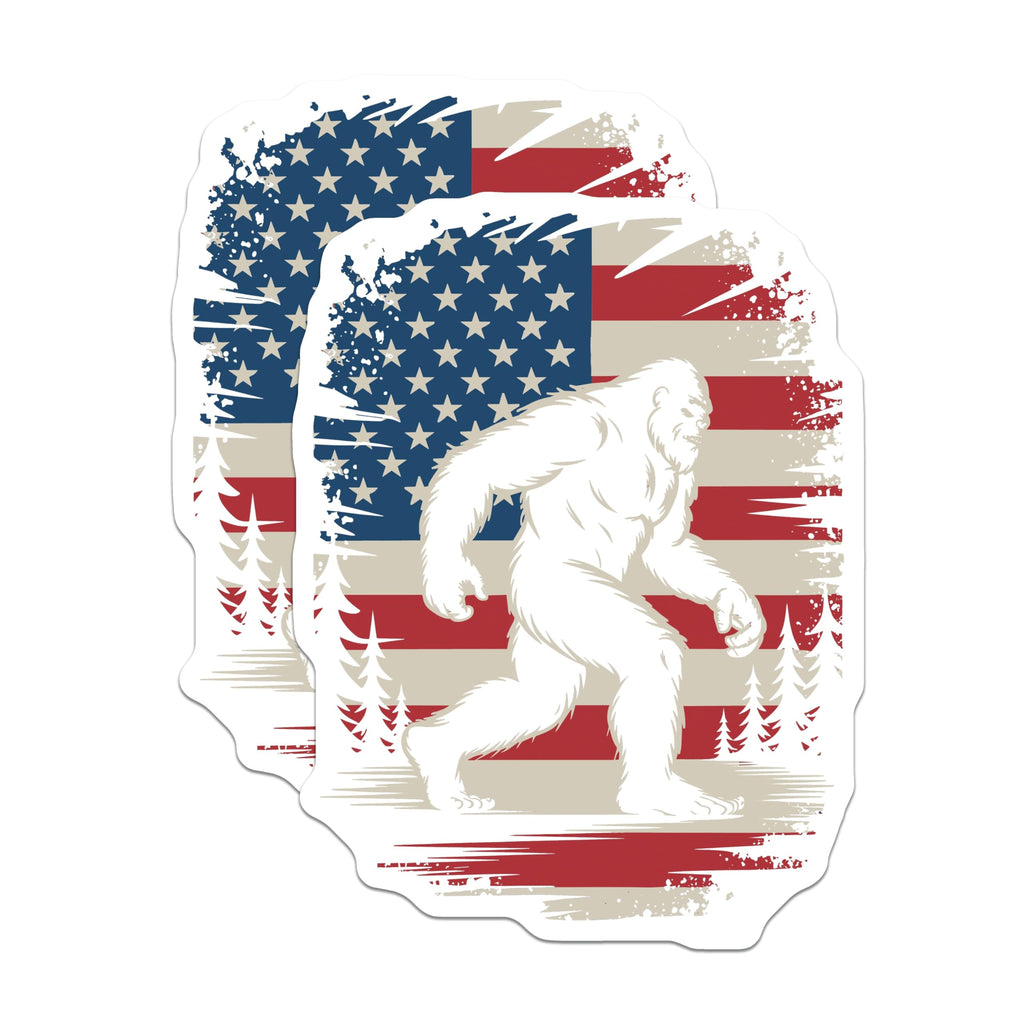 (2 Pack) Bigfoot American Flag Magnets - Patriotic Cryptid Decor - Sasquatch Forest Adventure - 5 Inches On Longest Side - Thick Durable Magnet - Made in USA - MAG20760
