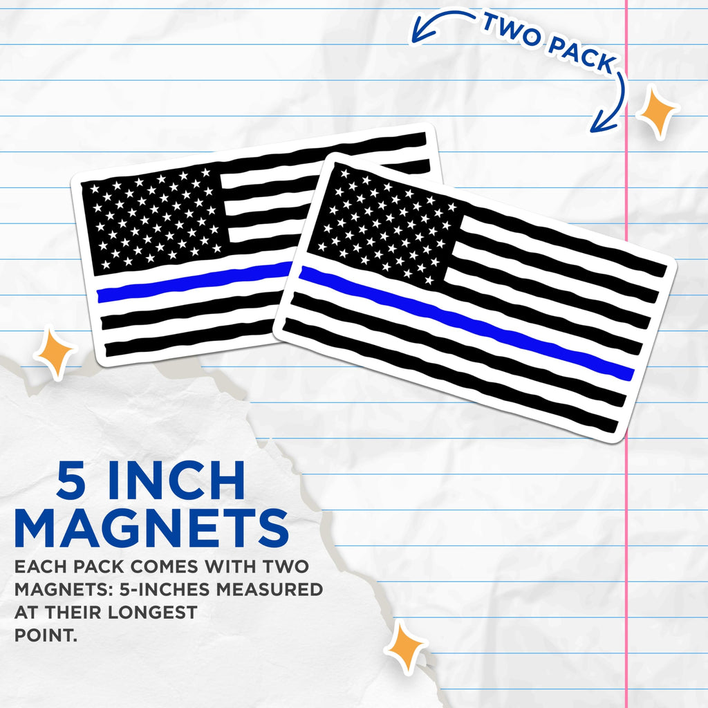 (2 Pack) Thin Blue Line Magnets - Police Support USA Flag - Law Enforcement Appreciation - Officer Patriotism Decal - 5 Inches On Longest Side - Thick Durable Magnet - Made in USA - MAG21251