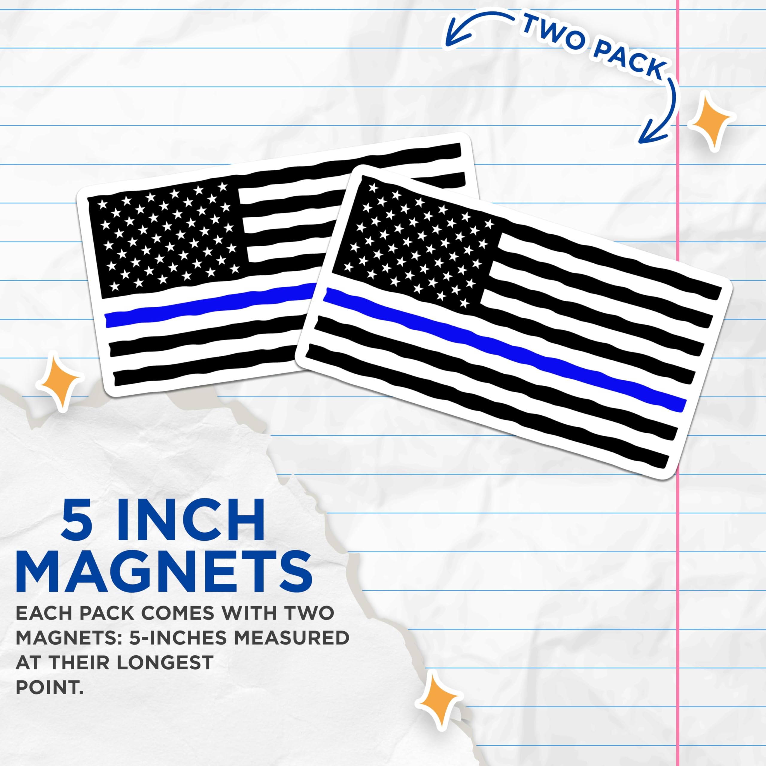 (2 Pack) Thin Blue Line Magnets - Police Support USA Flag - Law Enforcement Appreciation - Officer Patriotism Decal - 5 Inches On Longest Side - Thick Durable Magnet - Made in USA - MAG21251
