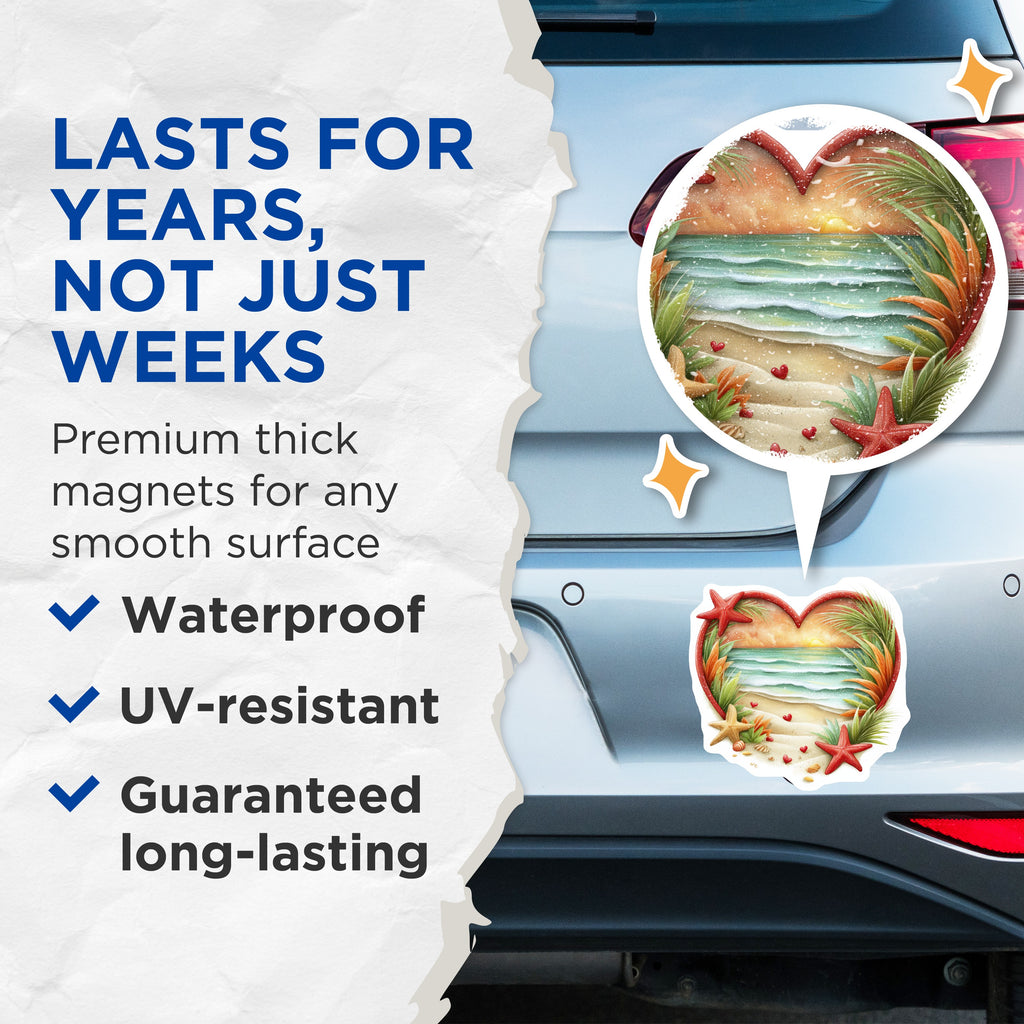 (2 Pack) Sunset Beach Heart Magnets - Coastal Ocean Scene - Romantic Fridge Decor for Couples - 5 Inches On Longest Side - Thick Durable Magnet - Made in USA - MAG37011