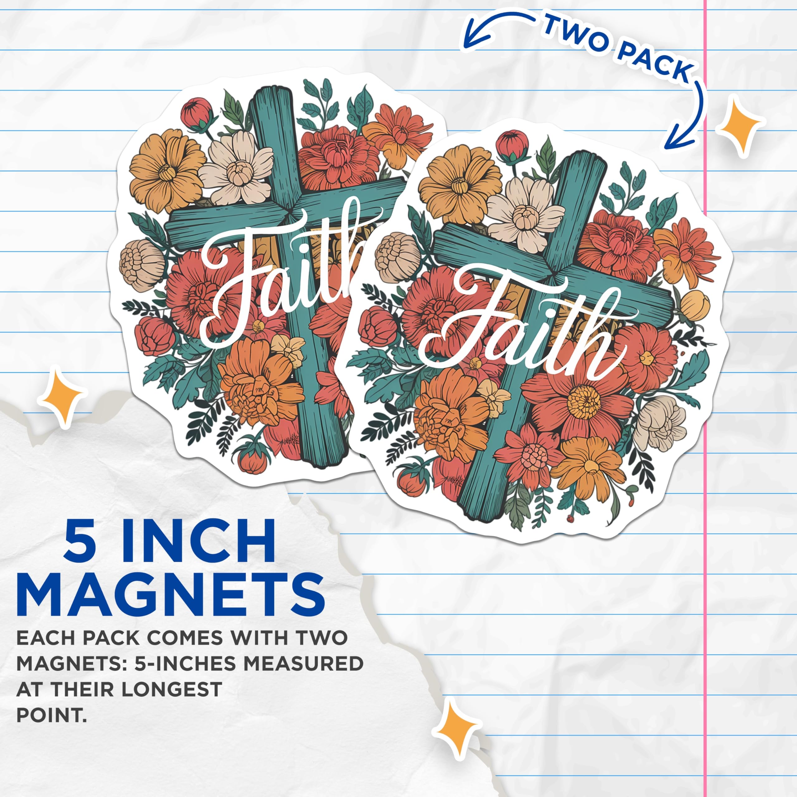 (2 Pack) Faith Cross Floral Magnets - Spiritual Refrigerator Decor - Inspirational Christian Home Art - 5 Inches On Longest Side - Thick Durable Magnet - Made in USA - MAG21460