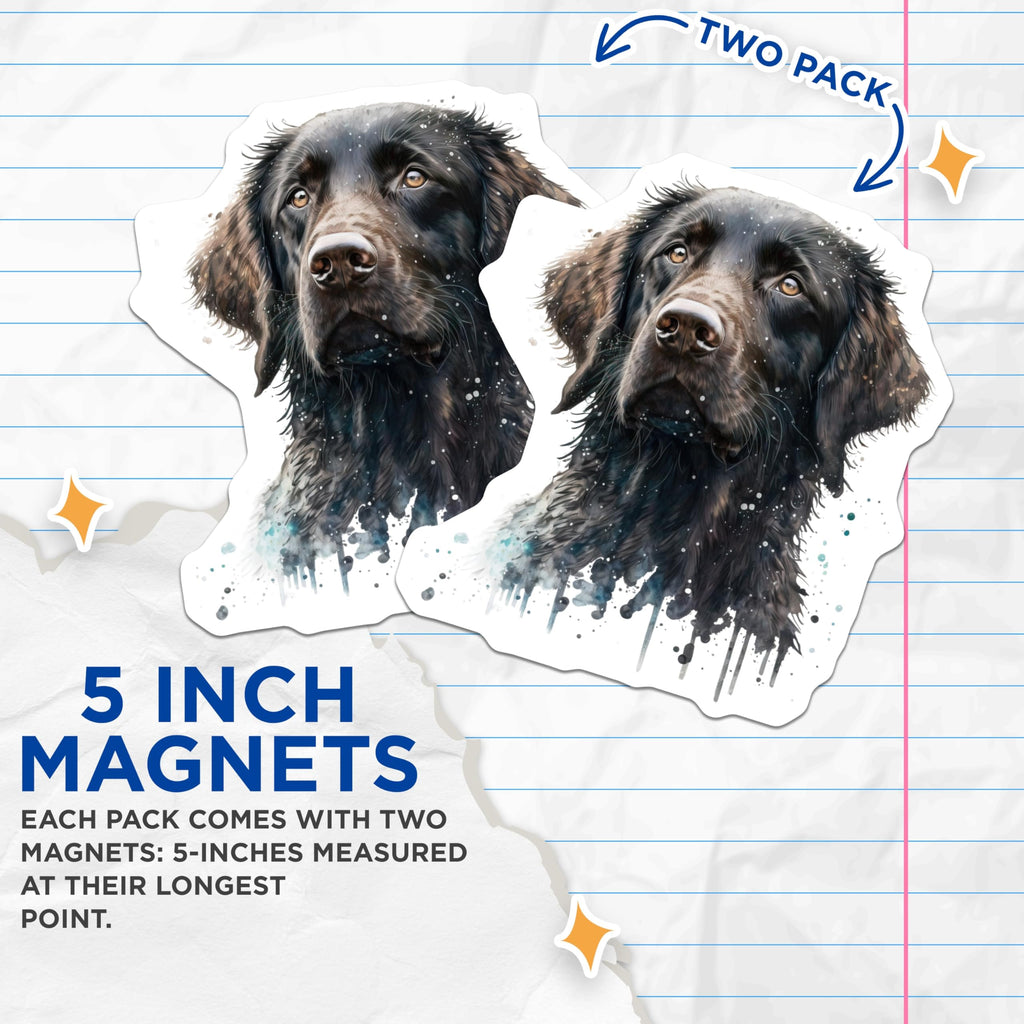 (2 Pack) Black Dog Magnets - Watercolor Flat Coat Retriever - Pet Lover Fridge Decor - 5 Inches On Longest Side - Thick Durable Magnet - Made in USA - MAG25804