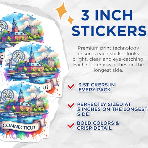 (3 Pack) Connecticut Decals - State Landmark Art - Laptop Stickers- 3 Inches On Longest Side - Easy Peel & Apply - Made in USA - 3MCS5563