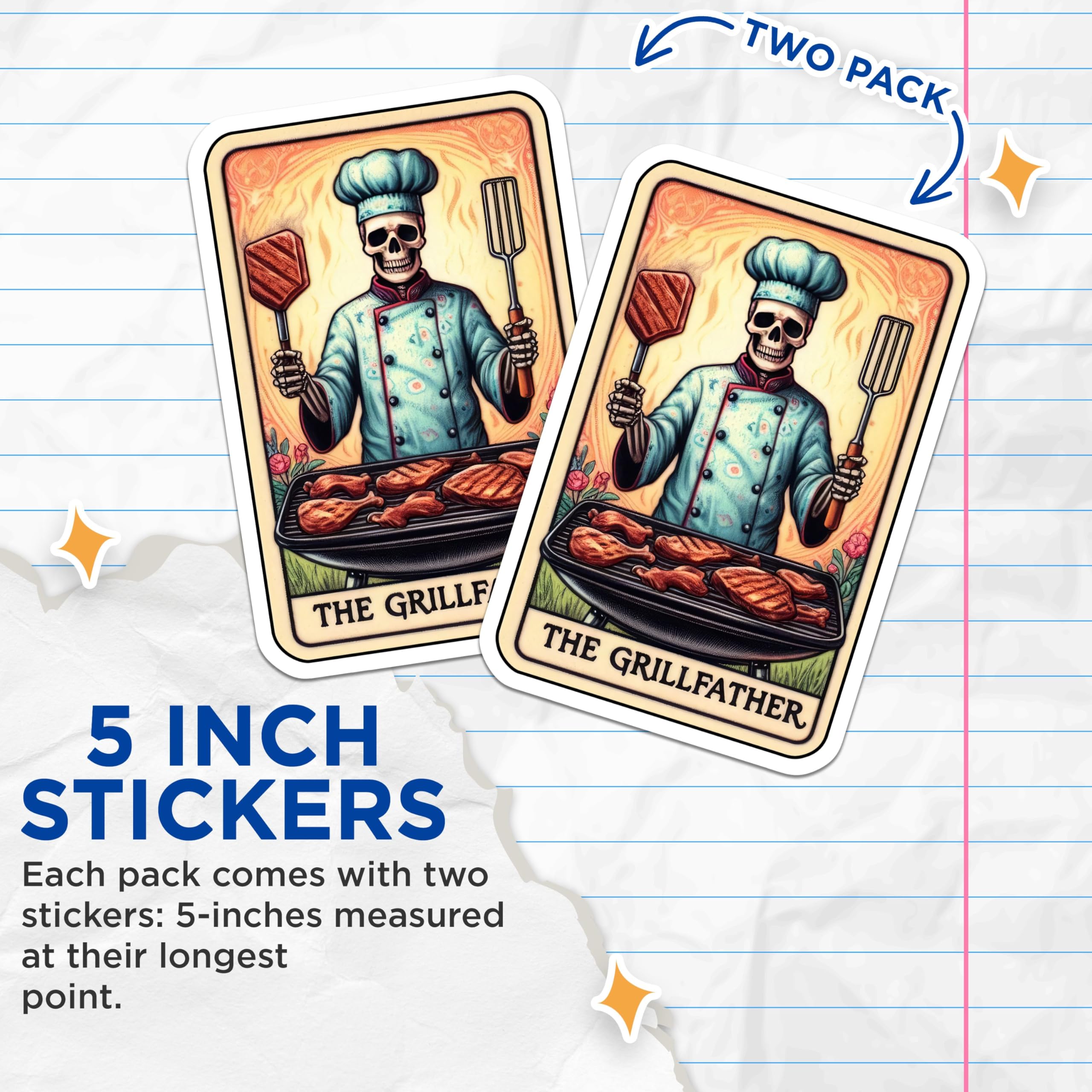 (2 Pack) Funny BBQ Chef Stickers - Skeleton Grillmaster - The Grillfather BBQ - Hilarious BBQ - 5" On Longest Side - Sticks to Smooth Flat Surfaces - Made in USA - BMCS5423