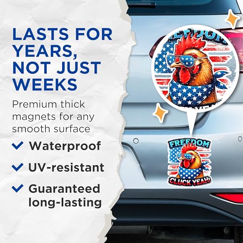 (2 Pack) Freedom Cluck Yeah Magnets - Patriotic Chicken Magnets - Funny Refrigerator Magnets- 5" On Longest Side - for Fridges, Toolboxes, Cars - Made in USA - MAG2723