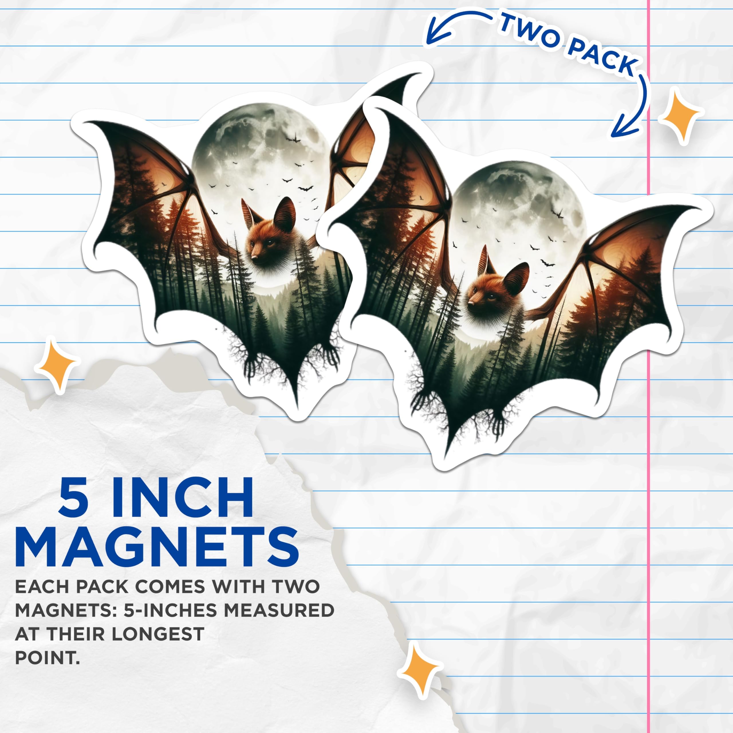 (2 Pack) Bat Magnets - Forest Landscape Art - Wildlife Theme Fridge Decor - 5" On Longest Side - Premium Magnet - for Cars, Refrigerators, Toolboxes, Lockers - Made in USA - MAG16459