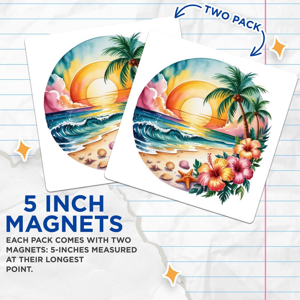 (2 Pack) Tropical Beach Sunset Magnets - Hawaiian Island Decor - Coastal Refrigerator Accent - 5 Inches On Longest Side - Thick Durable Magnet - Made in USA - MAG36931