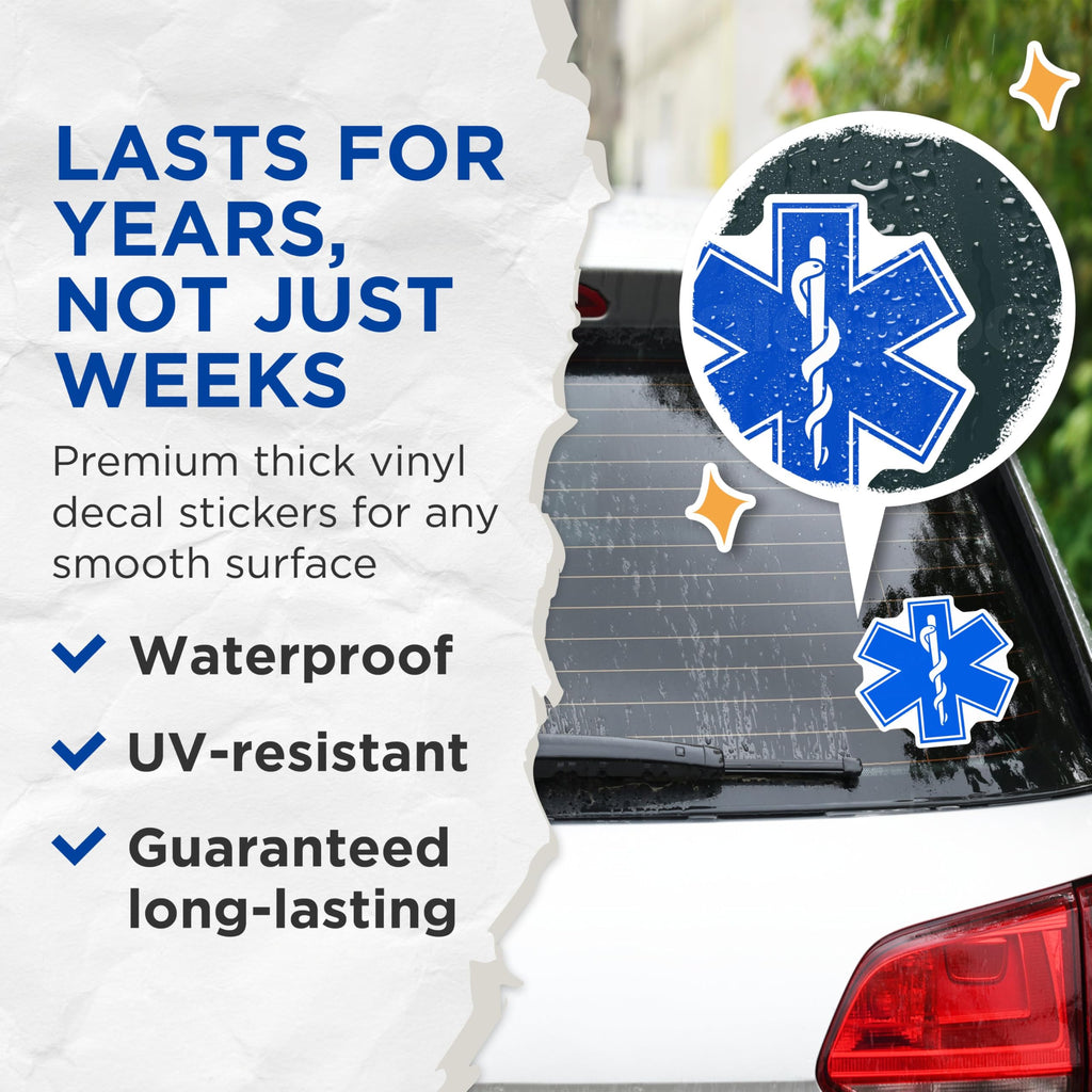 (2 Pack) Medical Alert Symbol Stickers - EMT Paramedic Decal Stickers - Star of Life Stickers - 5" On Longest Side - Sticks to Smooth Flat Surfaces - Made in USA - BMCS4644