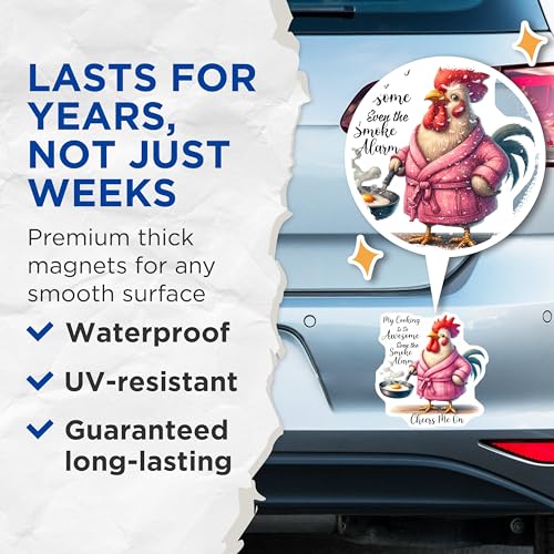 (2 Pack) Funny Chicken Magnets - Smoke Alarm Chef - Retro Kitchen ation - 5" On Longest Side - for Cars, Fridges, Toolboxes - Made in USA - MAG4508