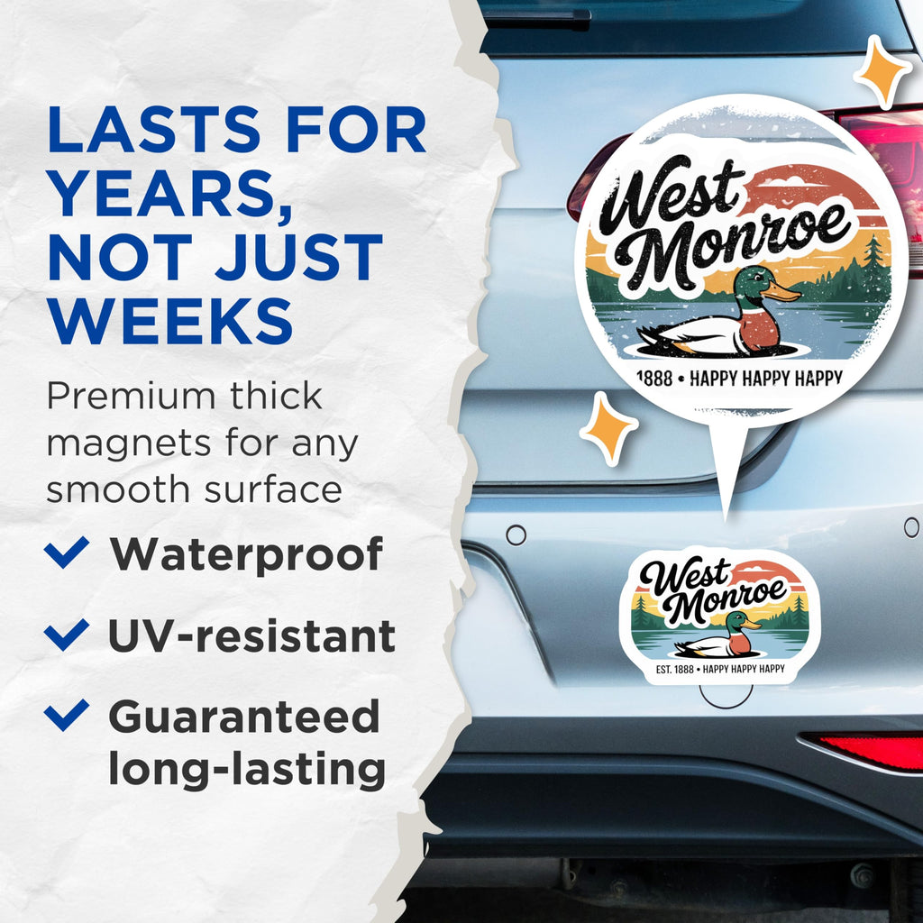 (2 Pack) West Monroe Magnets - Duck Souvenir - Happy Est 1888 Fridge Decor - 5" On Longest Side - Premium Magnet - for Cars, Refrigerators, Toolboxes, Lockers - Made in USA - MAG18756