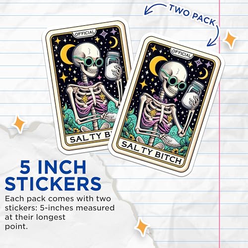 (2 Pack) Official Salty Bitch Stickers - Funny Skeleton Stickers - Unique Gothic Stickers for Laptops and More - 5" On Longest Side - Sticks to Smooth Flat Surfaces - Made in USA - BMCS5234