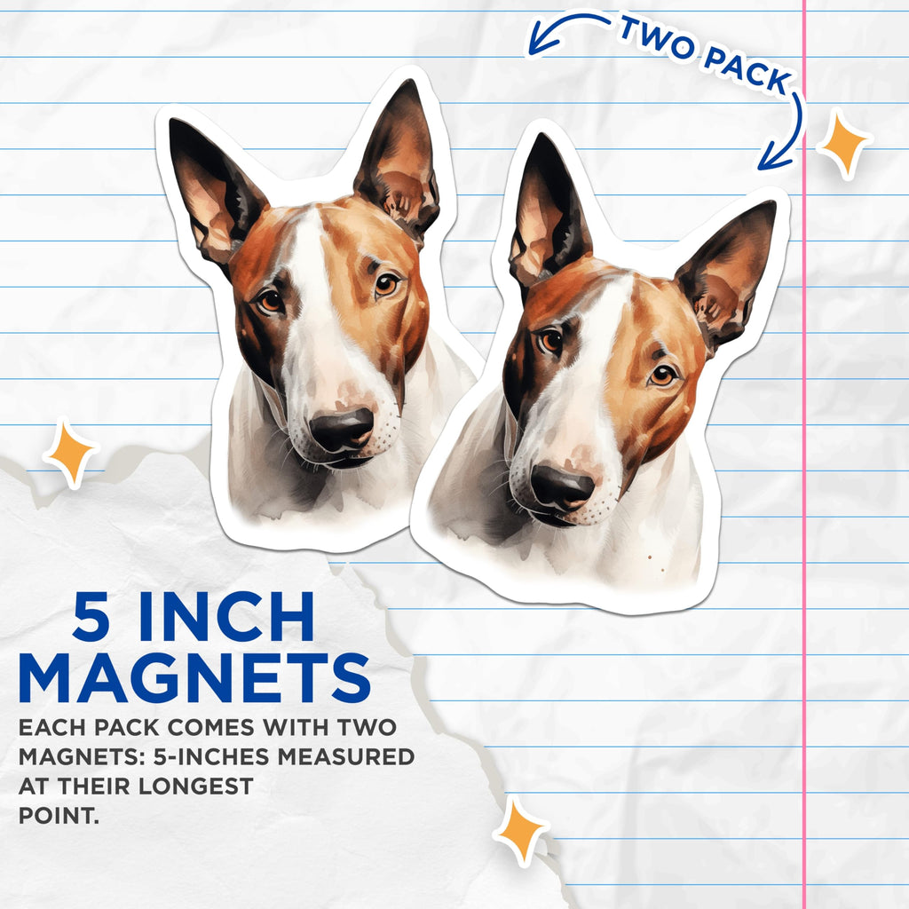(2 Pack) Bull Terrier Dog Magnets - Watercolor Pet Art - Dog Owner Decor - 5 Inches On Longest Side - Thick Durable Magnet - Made in USA - MAG26671