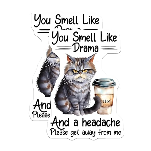 (2 Pack) You Smell Like Drama Stickers - Funny Cat - Coffee Lover - 5" On Longest Side - Sticks to Smooth Flat Surfaces - Made in USA - BMCS7727