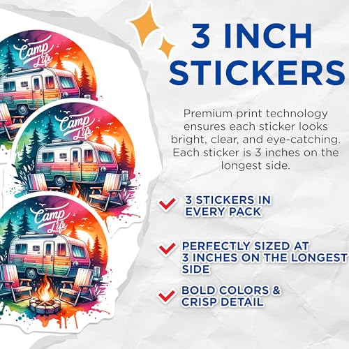 (3 Pack) Camp Life Decals - Camping Trailer Stickers - Bonfire Laptop Decal - 3 Inches On Longest Side - Easy Peel & Apply - Made in USA - 3MCS6009