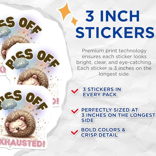 (3 Pack) Exhausted Hedgehog Decals - Funny Tired Animal - Sleepy Cute Decal- 3 Inches On Longest Side - Easy Peel & Apply - Made in USA - 3MCS5216