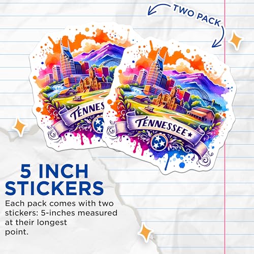 (2 Pack) Tennessee Travel Stickers - Nashville Cityscape - Vibrant Art Design - State Pride Stickers - Scenic Tennessee - 5" On Longest Side - Sticks to Smooth Flat Surfaces - Made in USA - BMCS6902