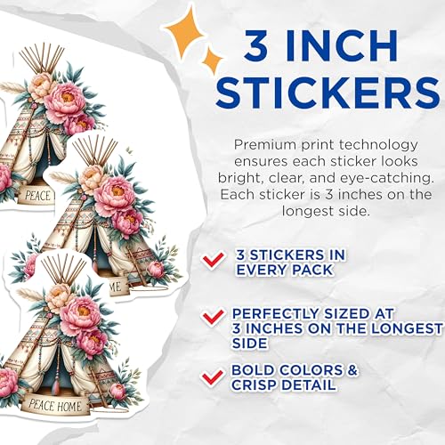 (3 Pack) Peace Home Decals - Floral Teepee Decal - Laptop Decals - 3 Inches On Longest Side - Easy Peel & Apply - Made in USA - 3MCS7624