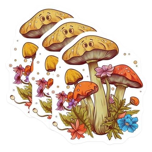 (3 Pack) Mushroom Decals - Floral Fungi Art - Cute Laptop Decals - 3 Inches On Longest Side - Easy Peel & Apply - Made in USA - 3MCS2311