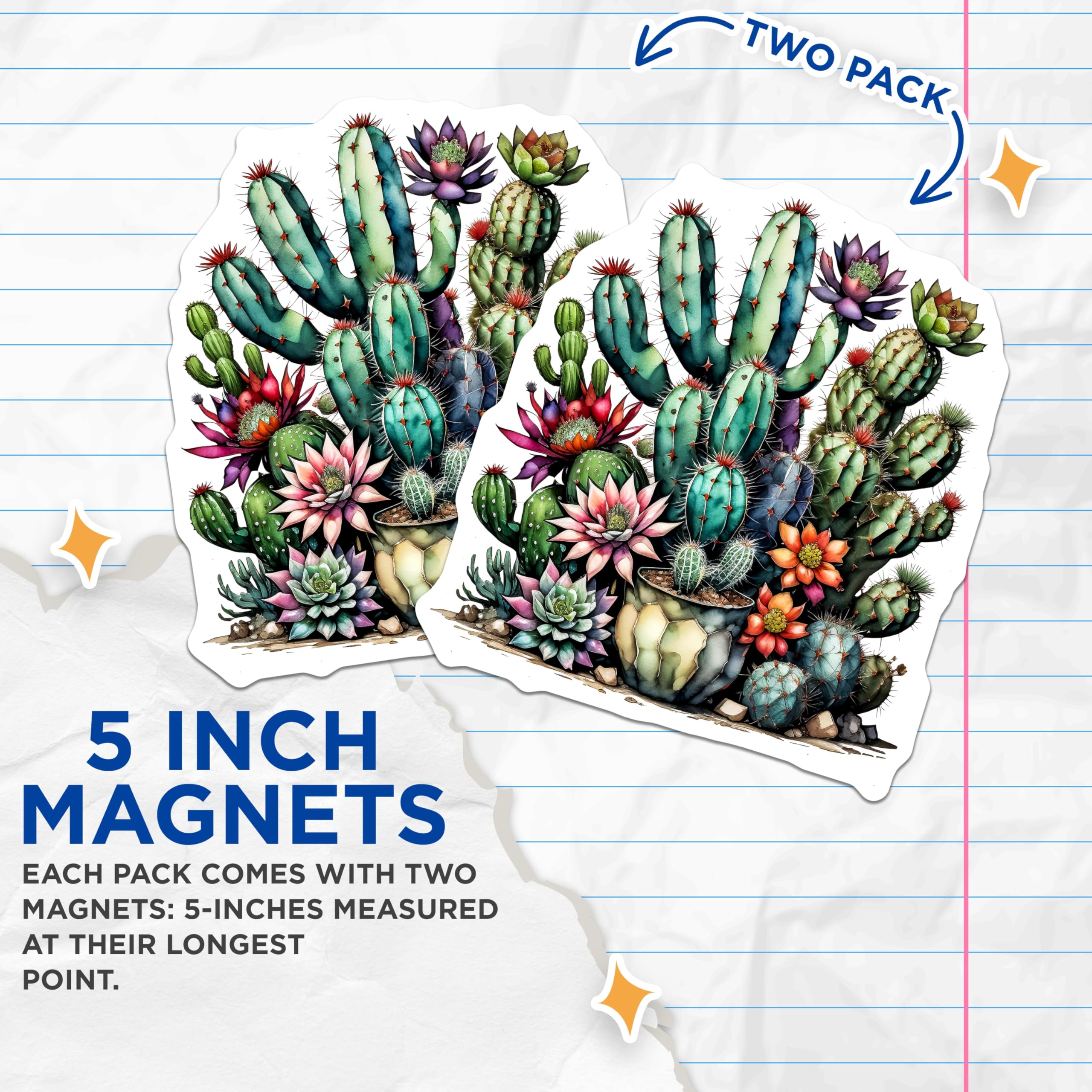 (2 Pack) Watercolor Cactus Magnets - Floral Succulent - Botanical Fridge Art - 5" On Longest Side - Premium Magnet - for Cars, Refrigerators, Toolboxes, Lockers - Made in USA - MAG14769