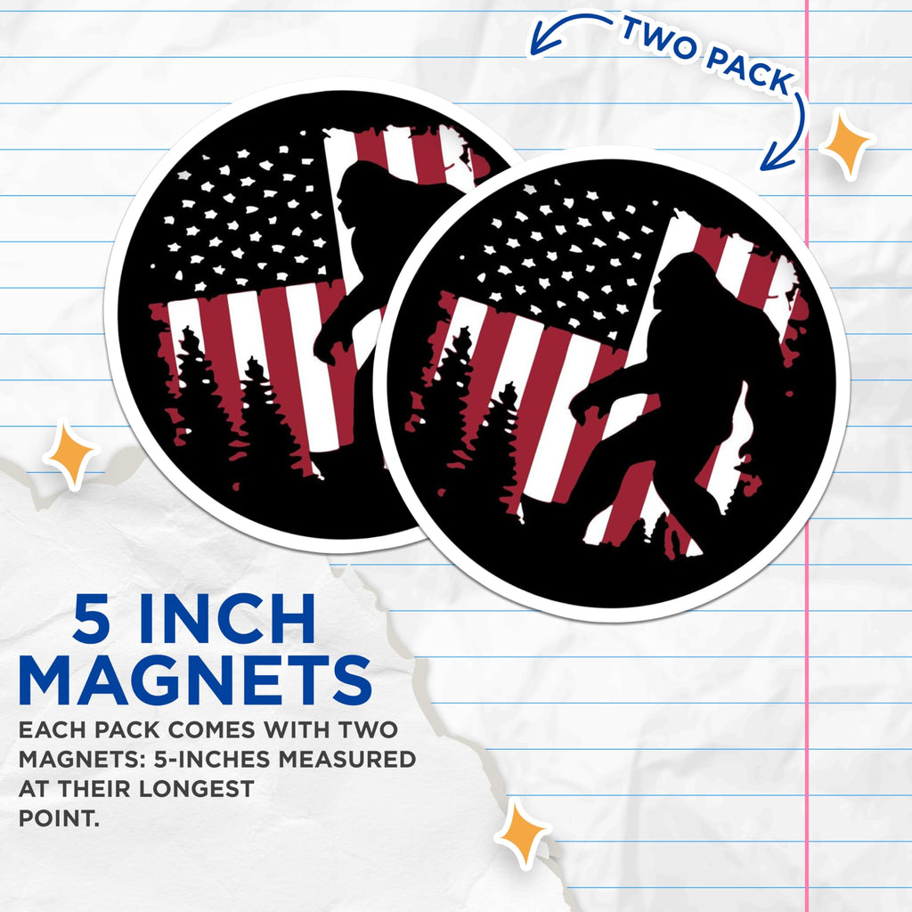 (2 Pack) Bigfoot Magnets - American Flag Sasquatch - Outdoorsy Refrigerator Locker Decor - 5 Inches On Longest Side - Thick Durable Magnet - Made in USA - MAG27165