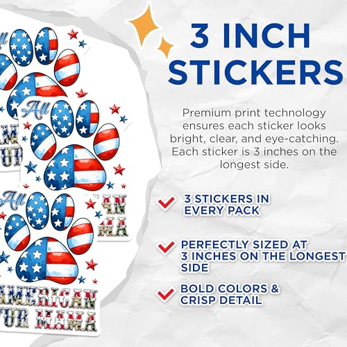 (3 Pack) American Fur Mama Decals - Patriotic Dog Mom - USA Flag Paw Print - 3 Inches On Longest Side - Easy Peel & Apply - Made in USA - 3MCS6218