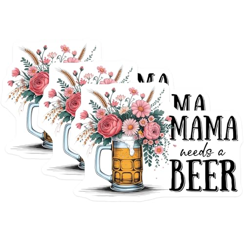 (3 Pack) Mama Needs Beer Decals - Floral Beer Mug - Funny Mom Decals - 3 Inches On Longest Side - Easy Peel & Apply - Made in USA - 3MCS6478