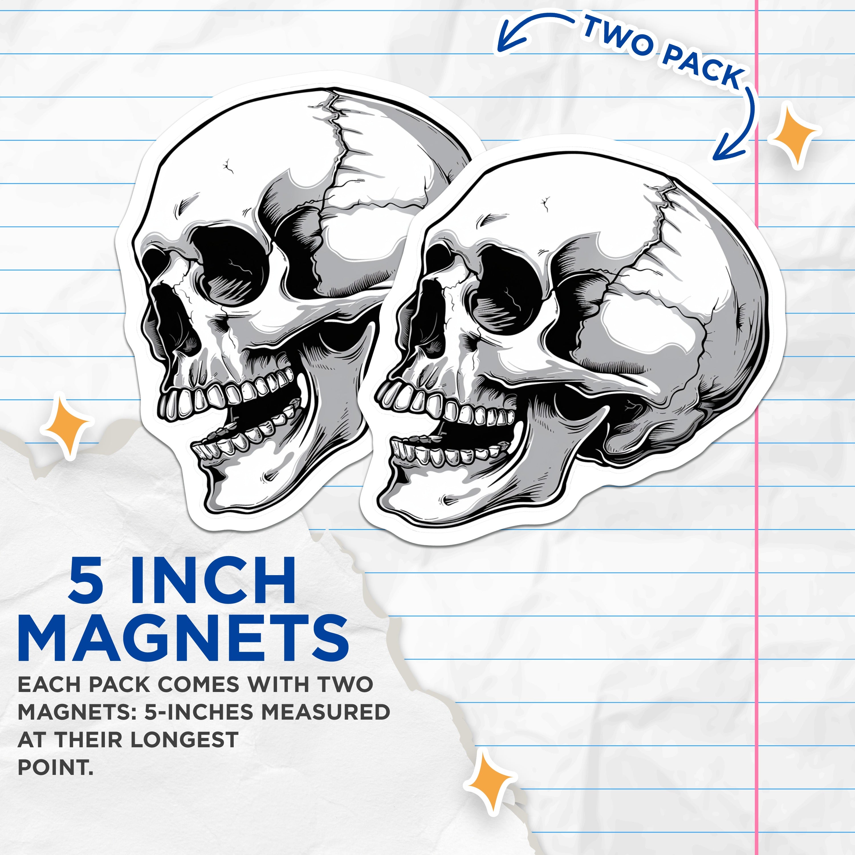 (2 Pack) Skull Magnets - Gothic Fridge Decor - Halloween Kitchen Accent - Edgy Art Accessory - Rebel Locker Label - 5 Inches On Longest Side - Thick Durable Magnet - Made in USA - MAG38767