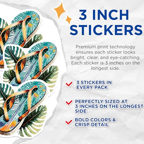 (3 Pack) Tropical Flip Flop Decals - Summer Beach - Island Vibes - 3 Inches On Longest Side - Easy Peel & Apply - Made in USA - 3MCS8076