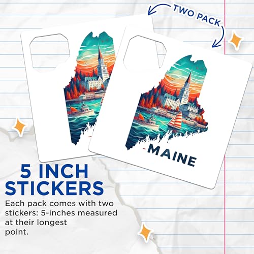 (2 Pack) Maine State Stickers - Travel Souvenir Stickers - Sailboat Mountain Lake Stickers - 5" On Longest Side - Sticks to Smooth Flat Surfaces - Made in USA - BMCS5156