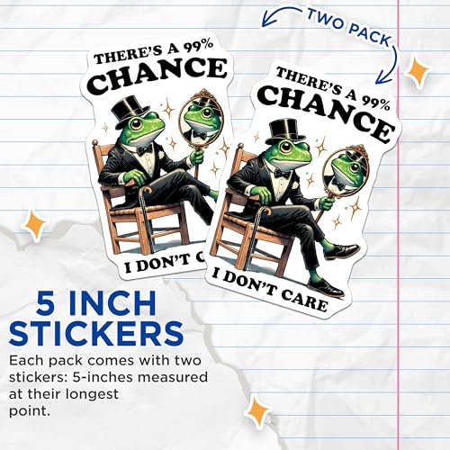 (2 Pack) 99 Percent Chance Stickers - Funny Frog - Humorous Animal for Laptops and Water Bottles - 5" On Longest Side - Sticks to Smooth Flat Surfaces - Made in USA - BMCS7618
