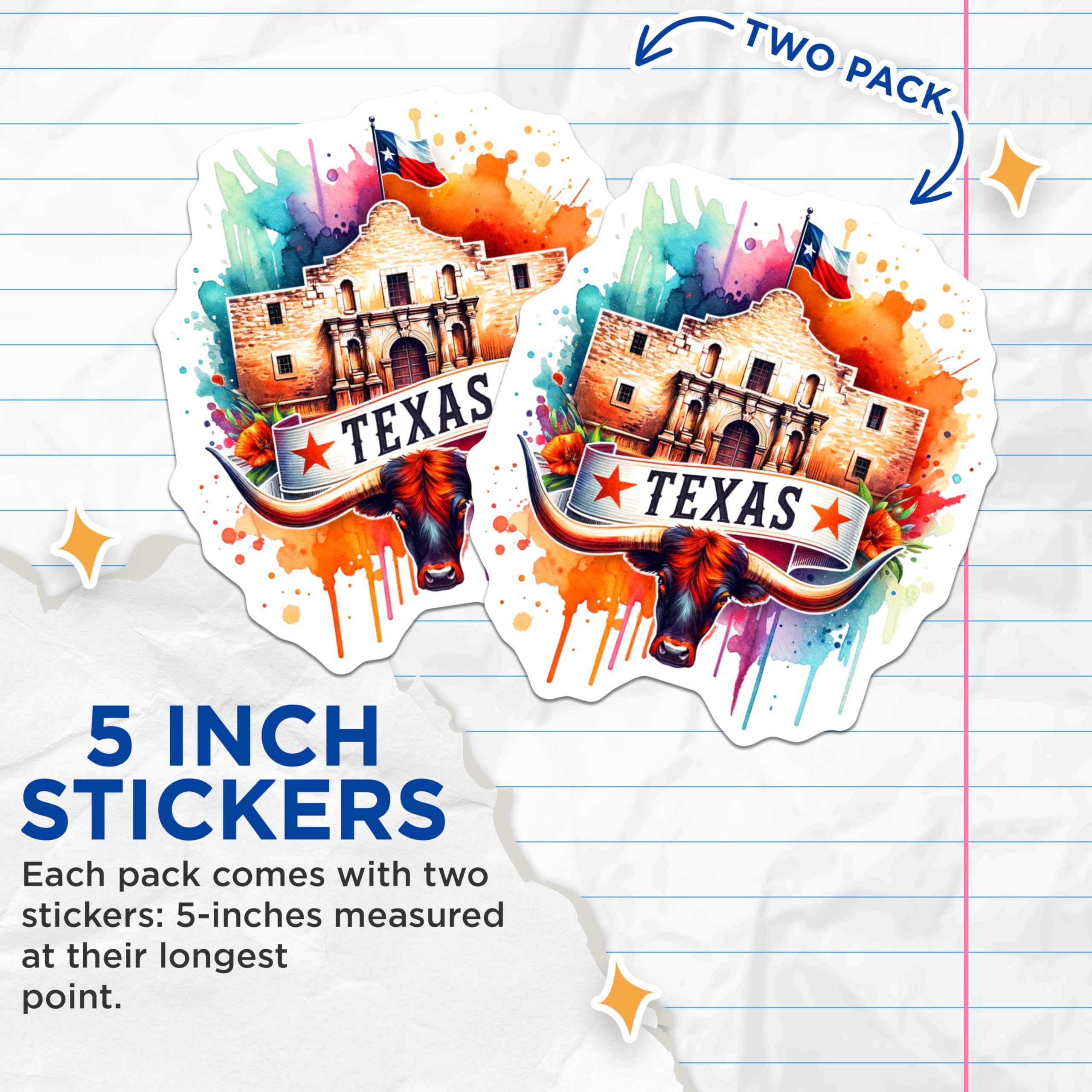 (2 Pack) Texas Alamo Stickers - Longhorn - Watercolor Art - 5" On Longest Side - Sticks to Smooth Flat Surfaces - Made in USA - BMCS6925