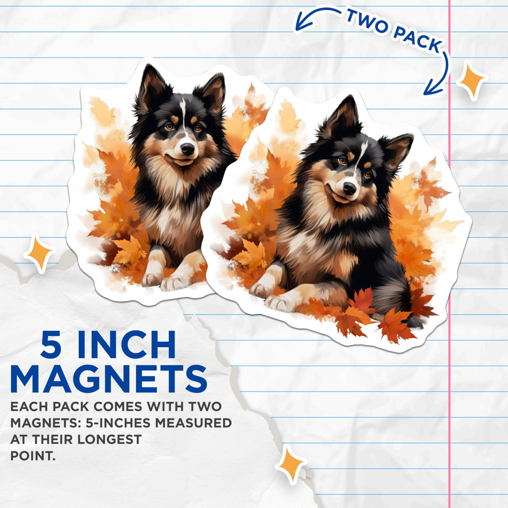 (2 Pack) Australian Shepherd Magnets - Autumn Dog Art - Fall Foliage Pet Illustration - Cute Aussie Dog - Animal Lover Decor - 5 Inches On Longest Side - Thick Durable Magnet - Made in USA - MAG24135