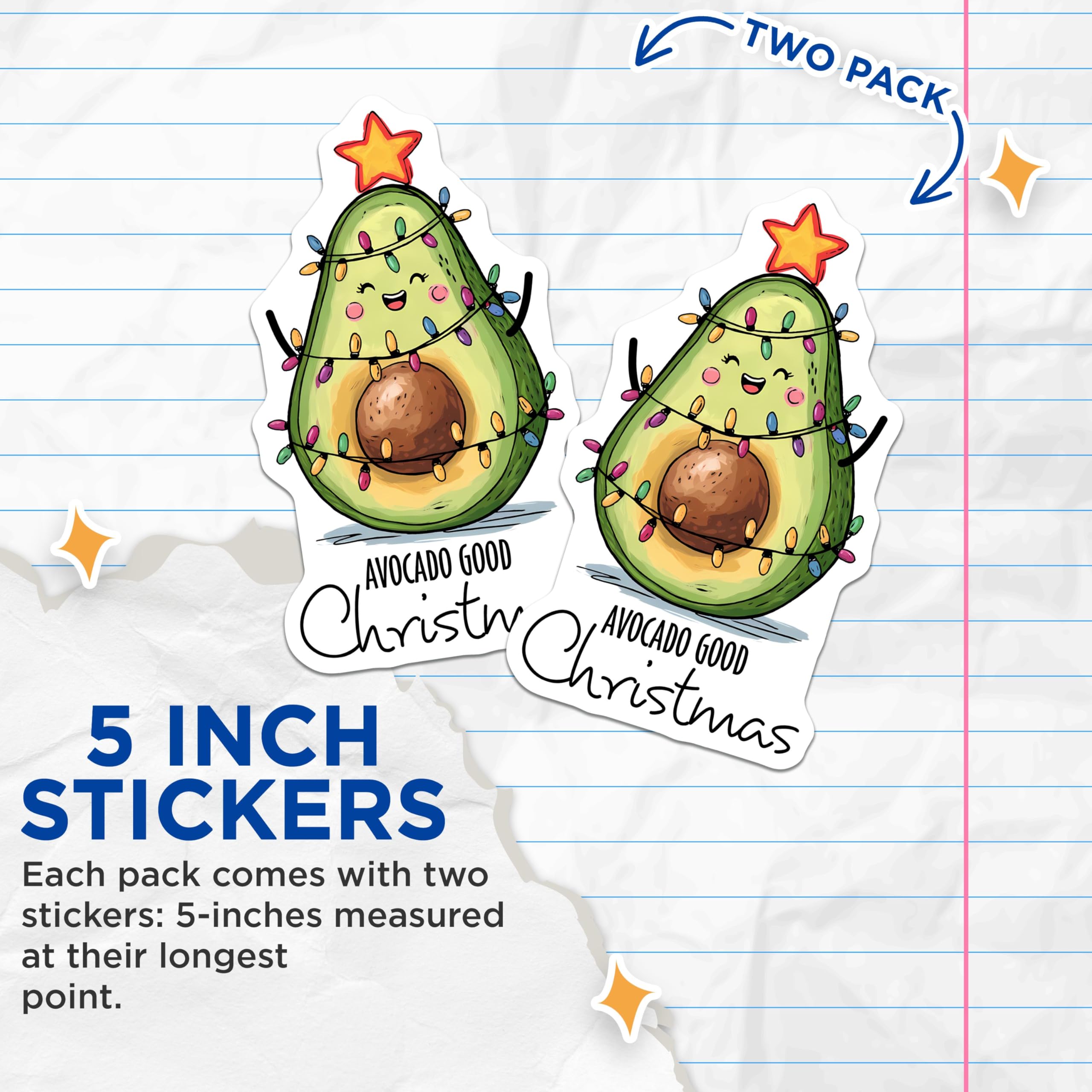 (2 Pack) Avocado Christmas Stickers - Cute Holiday Decal - Funny Cartoon Avocado - 5" On Longest Side - Sticks to Smooth Flat Surfaces - Made in USA - BMCS8393
