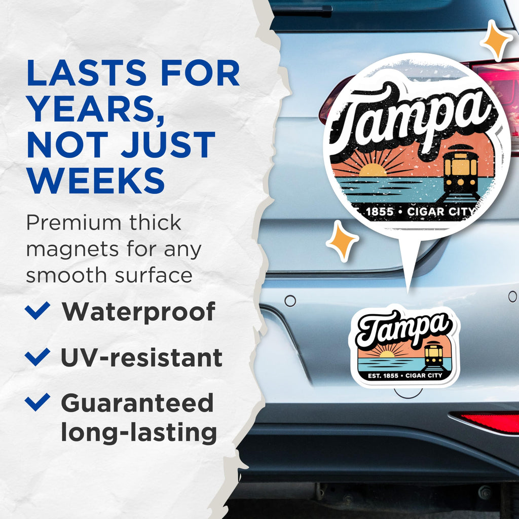 (2 Pack) Tampa Magnets - Florida Travel - City Souvenir - Cigar City Decor - 5" On Longest Side - Premium Magnet - for Cars, Refrigerators, Toolboxes, Lockers - Made in USA - MAG17682