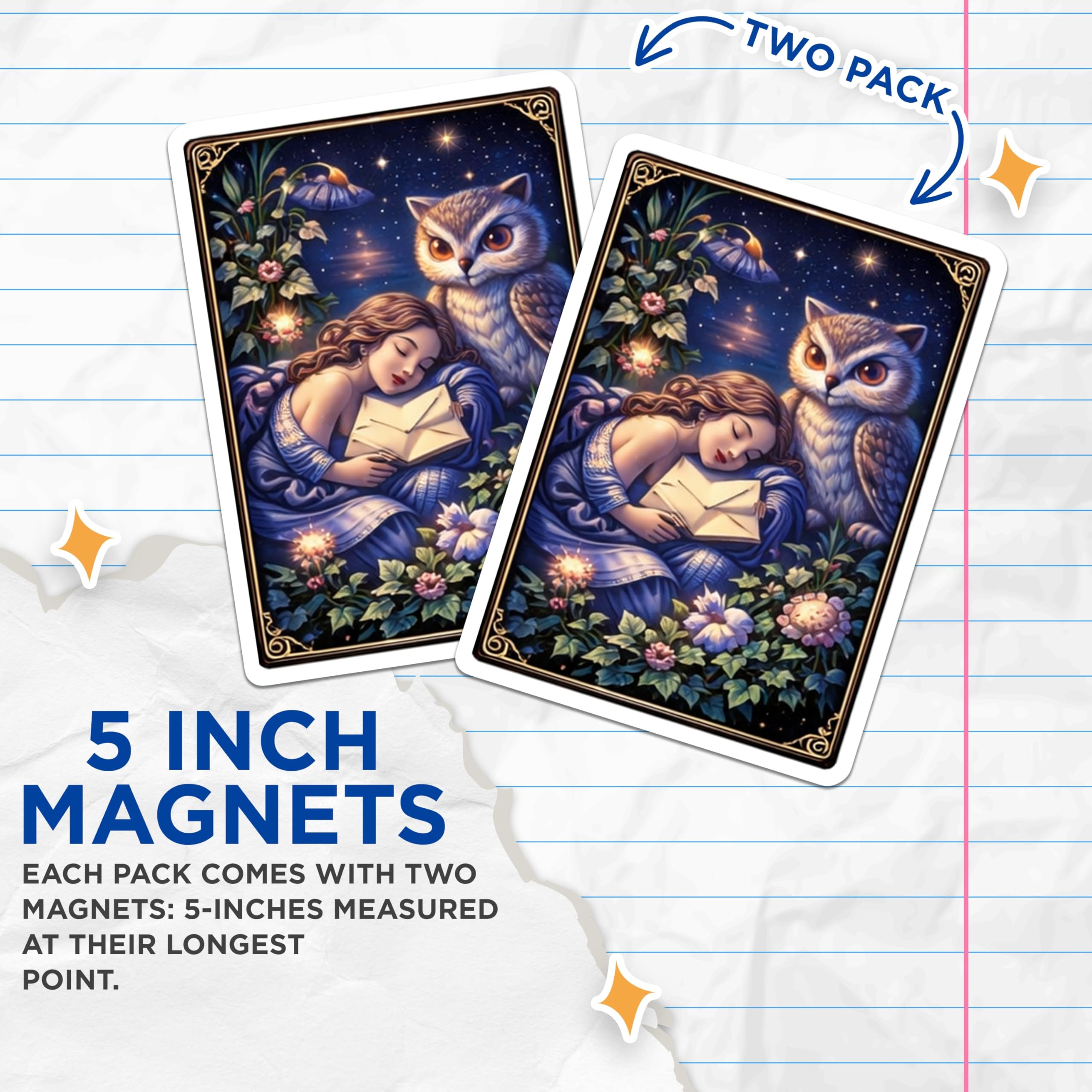 (2 Pack) Sleeping Woman Magnets - Owl Companion Illustration - Dreamy Night Decoration - 5" On Longest Side - Premium Magnet - for Cars, Refrigerators, Toolboxes, Lockers - Made in USA - MAG15678
