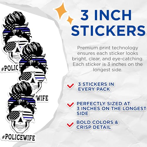 (3 Pack) Police Wife Decals - Thin Blue Line - Skull Decals - American Flag Sunglasses - 3 Inches On Longest Side - Easy Peel & Apply - Made in USA - 3MCS1381