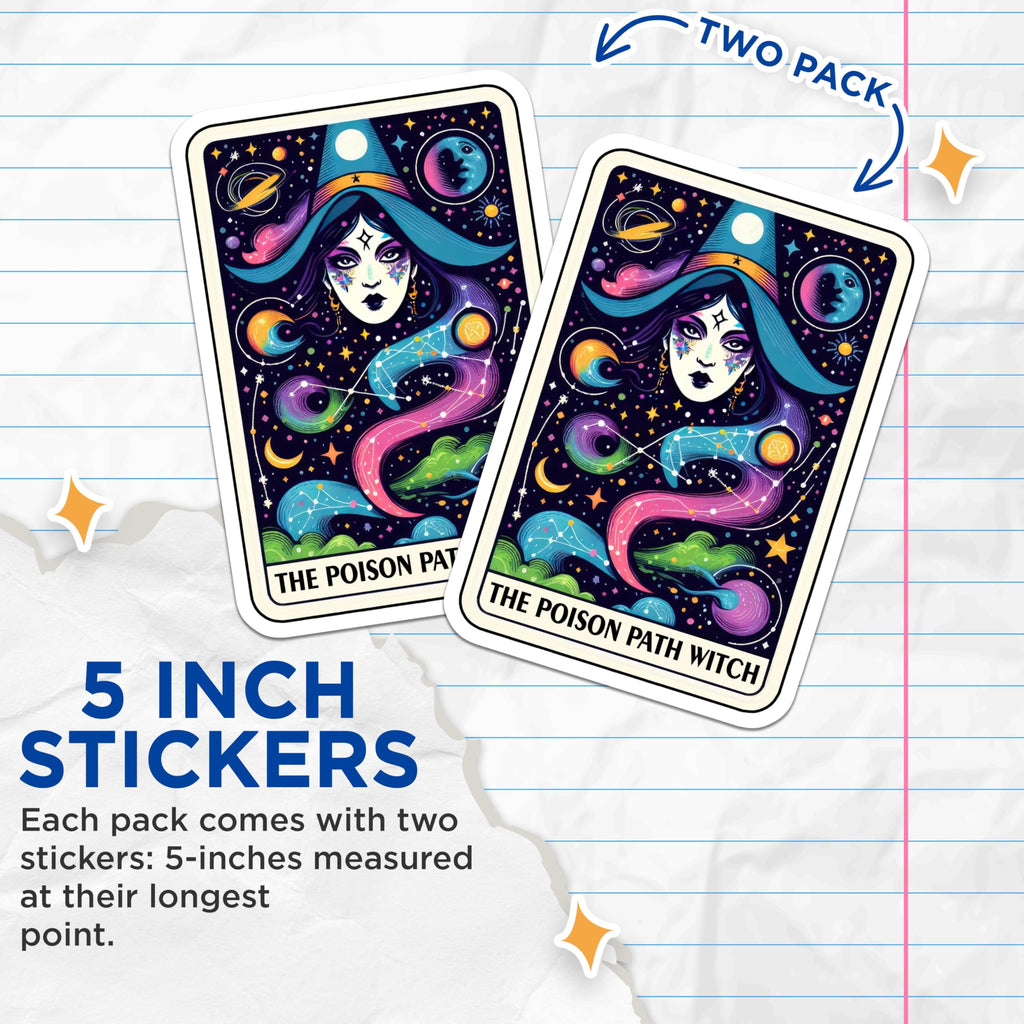 (2 Pack) The Poison Path Witch Stickers - Cosmic Witch Stickers - Occult Themed Stickers - 5" On Longest Side - Sticks to Smooth Flat Surfaces - Made in USA - BMCS5481