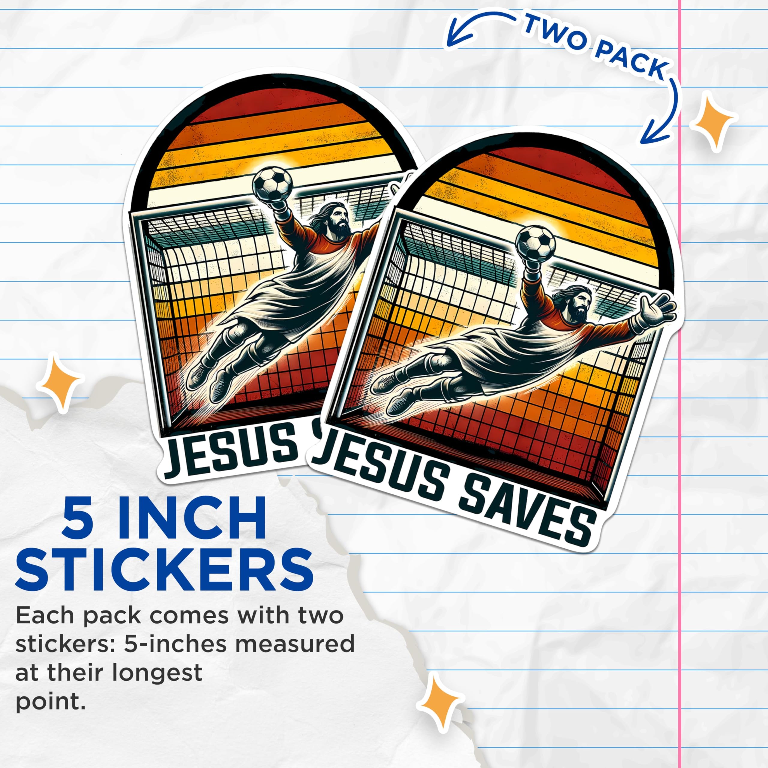 (2 Pack) Jesus Saves Funny Jesus Soccer Stickers - 5 Inches On Longest Side - Premium Vinyl - for Cars, Skateboards, Laptops - Made in USA - BMCS1195
