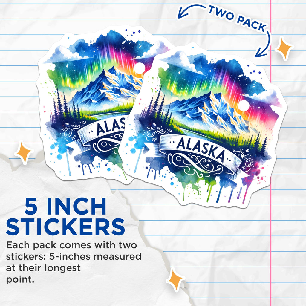 (2 Pack) Alaska Mountain Stickers - Northern Lights - Nature Scenery - 5" On Longest Side - Sticks to Smooth Flat Surfaces - Made in USA - BMCS6806