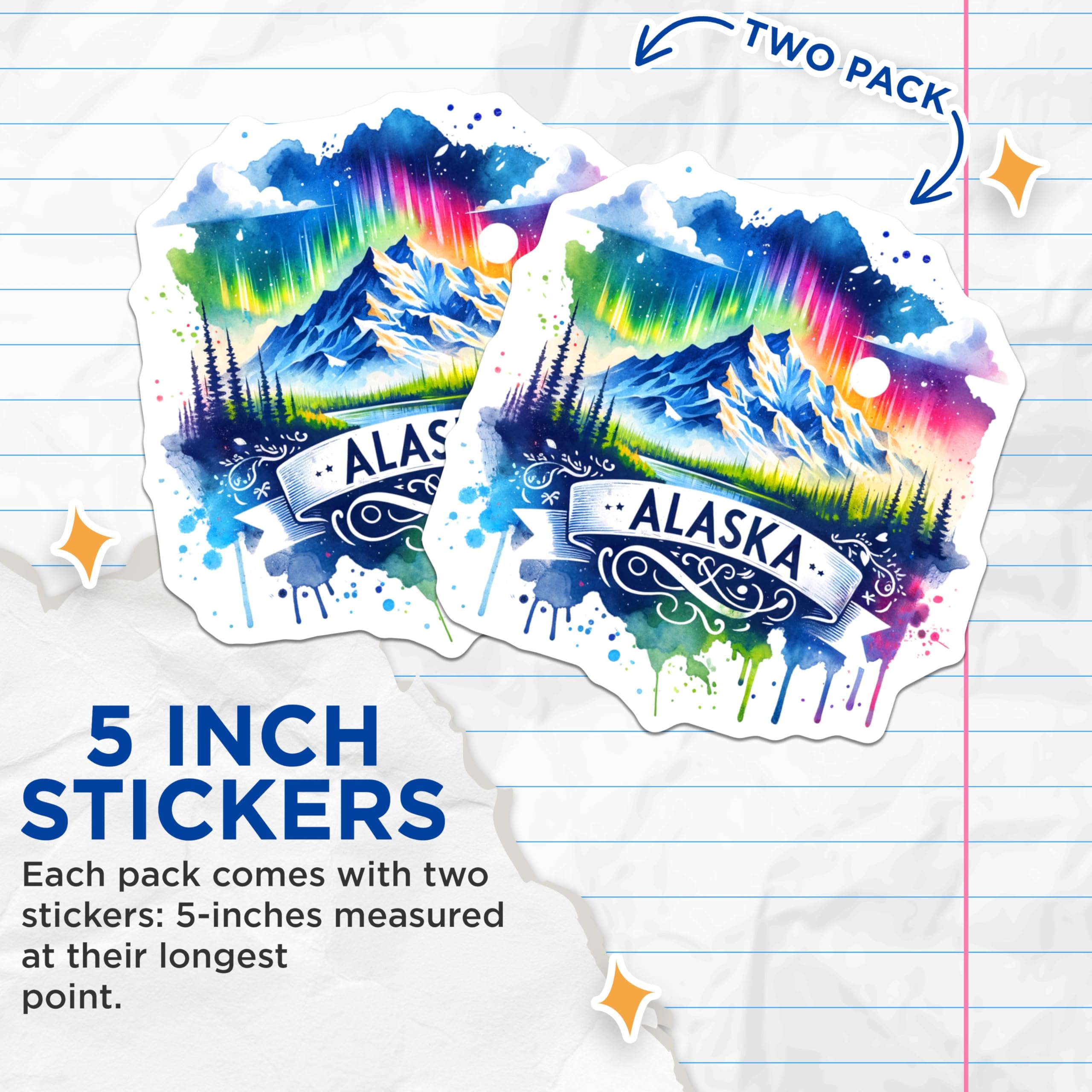(2 Pack) Alaska Mountain Stickers - Northern Lights - Nature Scenery - 5" On Longest Side - Sticks to Smooth Flat Surfaces - Made in USA - BMCS6806