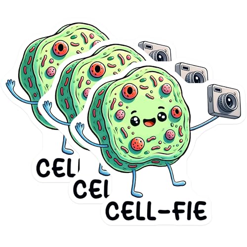 (3 Pack) Cellfie Decals - Cute Cell Taking Selfie - Biology Pun Decals - 3 Inches On Longest Side - Easy Peel & Apply - Made in USA - 3MCS6793