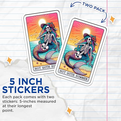 (2 Pack) Hot Goth Summer Stickers - Mermaid Skull Beach Stickers - Colorful Skeleton Art Decals - 5" On Longest Side - Sticks to Smooth Flat Surfaces - Made in USA - BMCS5072